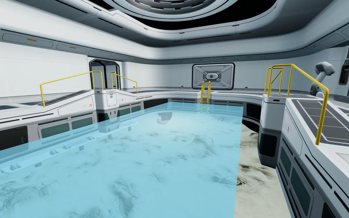 Moonpool avec son bassin et ses rambardes jaunes
